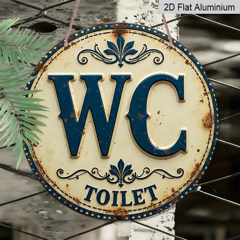 Плоский 2D, 1 шт. Винтажная Круглая Металлическая Табличка WC TOILET, Ретро Сине-Белая Декоративная Табличка с Рустикальным Узором, Забавная Настенная Картина для Ванной Комнаты Туалета, Идеально