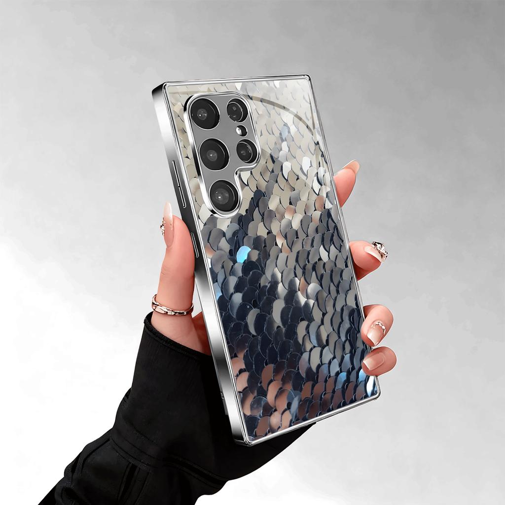 Позорированная закаленная стеклянная чехол для телефона совместимый Galaxy S26 S25 S24 S23 S22 Ultra Plus. Имеет мерцающий дизайн в виде чешуи змеи