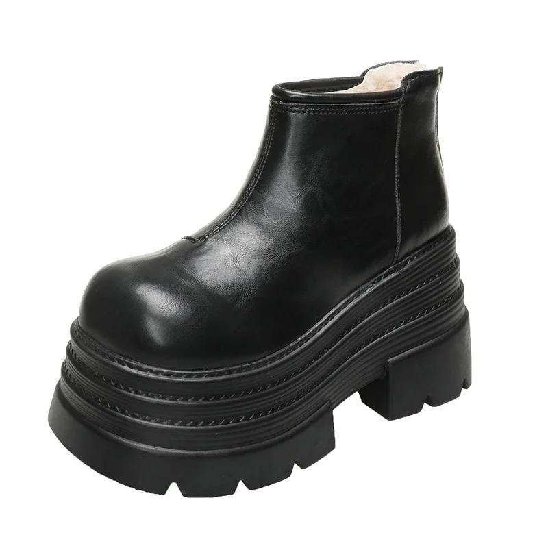 Мода 10 см Новые женские зимние массивные ботильоны, снежные ботинки на высокой платформе, меховая обувь на танкетке, плюшевые теплые короткие ботинки, кожаные челси ботинки