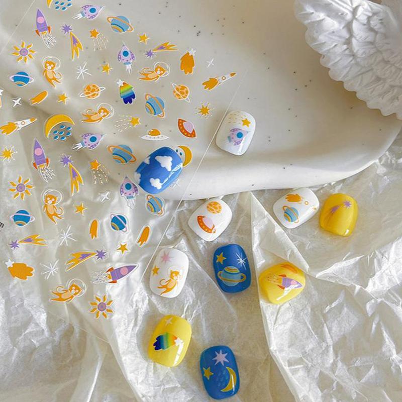 5D Embossed Cute Cartoon Space Cat Asterism Design Nail Art Sticker Decals Self Adhesive Supplies For Women And Girls