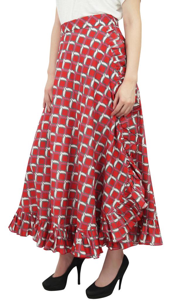 Phagun Женская хлопковая юбка с принтом икат в стиле хиппи, красная юбка с запахом и рюшами