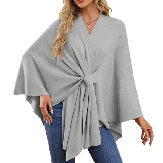 Women Shawl Coat V Neck Fall Winter Oversized Poncho Keep Warm Pure Color Windproof Open Front Shoulder Wraps with Bat Sleeves
