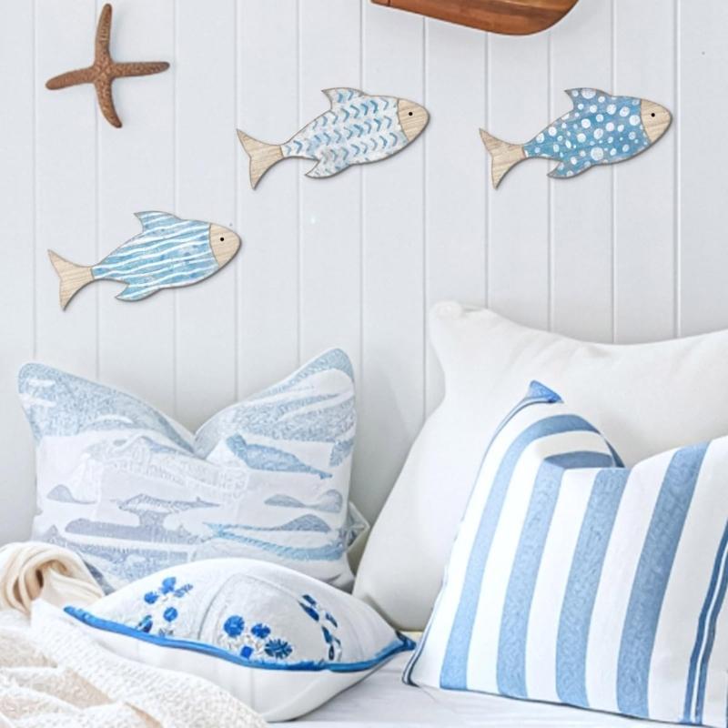 3Pieces Handcrafted Wooden Fish School Wall Hanging Sculpture Ornaments For Coastal Nursery Decors Beach Theme Design