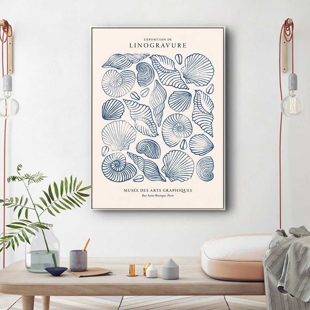 Vintage Blue Coastal Decor Posters, Conch Seashell Wall Arts Prints, Summer Ocean Themed Prints Blue Conch Posters Unframe