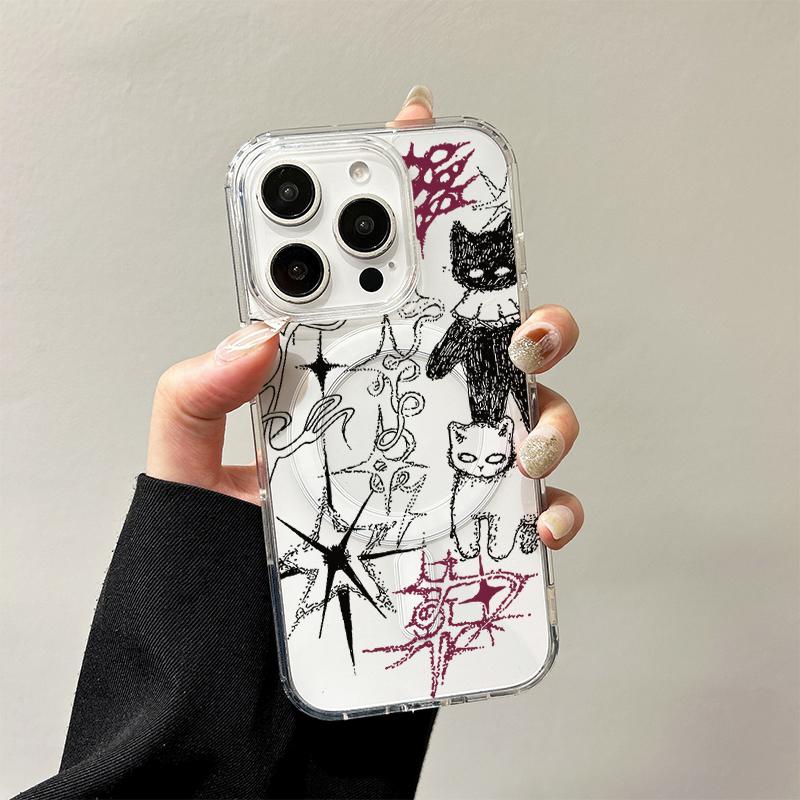 Крутой чехол-зарядка с граффити-котом для iPhone 17 Air 16 E 15 14 Plus 13 12 Mini 11 Pro Max Прозрачный силиконовый чехол с бортиком