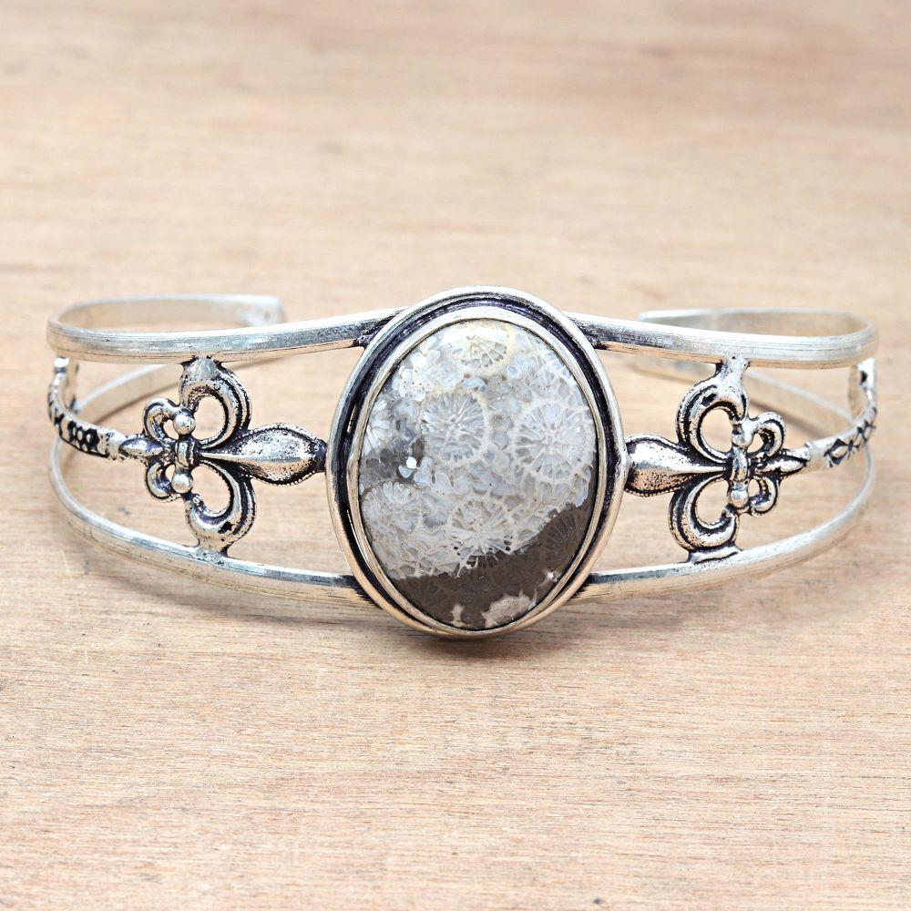 Fossil Coral Gemstone Antique Jewelry Cuff Bracelets 7''Adjustable