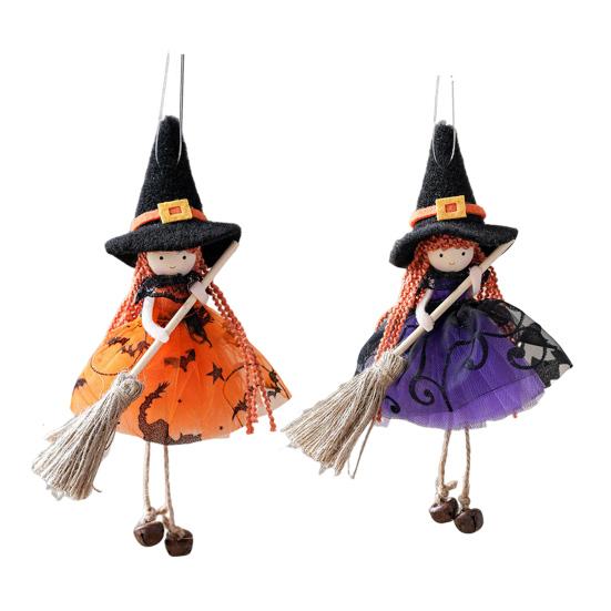 Halloween Witch Doll Decor with Broom Small Witch Figurine with Gauze Skirt Kitchen Hanging Witch Ornament for Room Door Window Halloween Decor