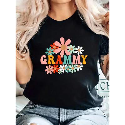 Футболка Grammy One Thankful Grammy Thanksgiving Christmas Groovy, Цветочный принт, Круглый вырез, Короткие рукава, Эластичная ткань, Летний топ
