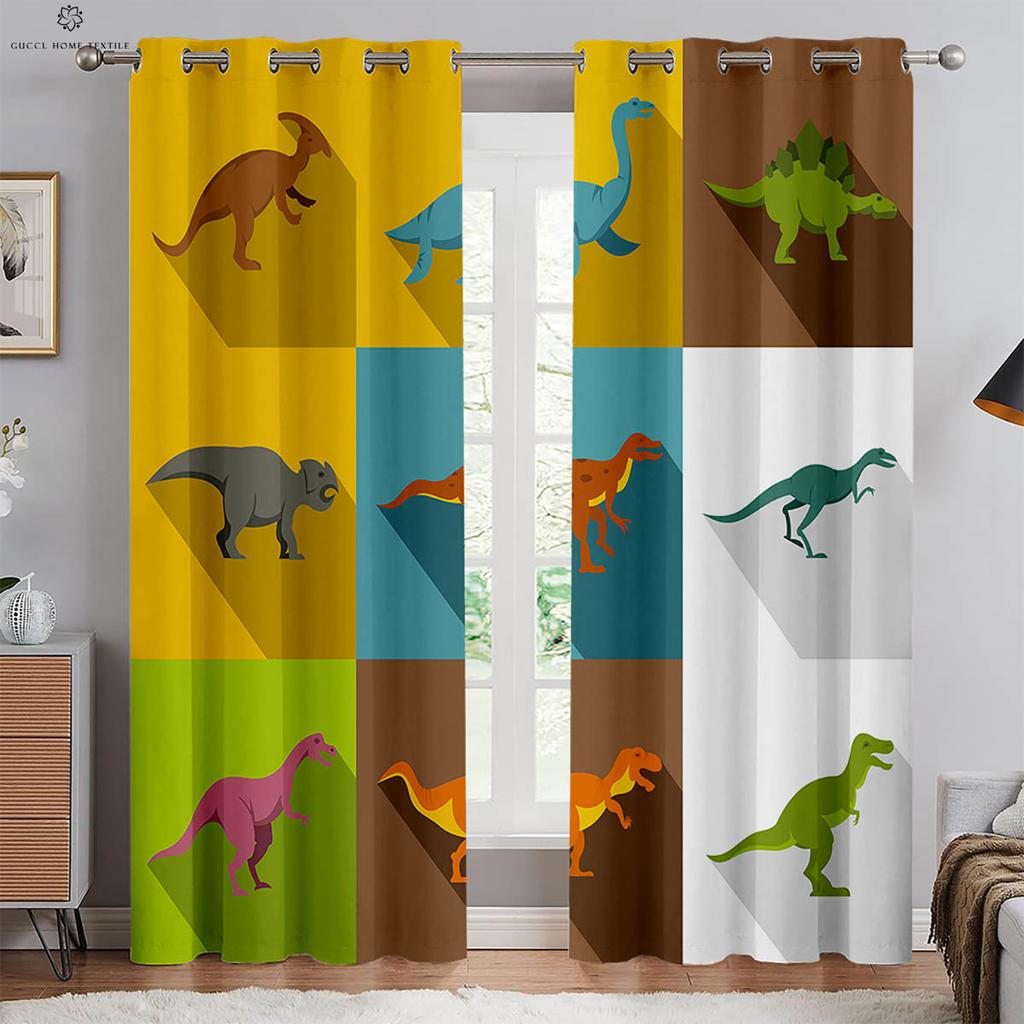 Милые шторы с принтом мультяшных животных и динозавров, 100% полиэстер, для спальни, гостиной, кабинета, детской комнаты, декоративные шторы, 2 штуки