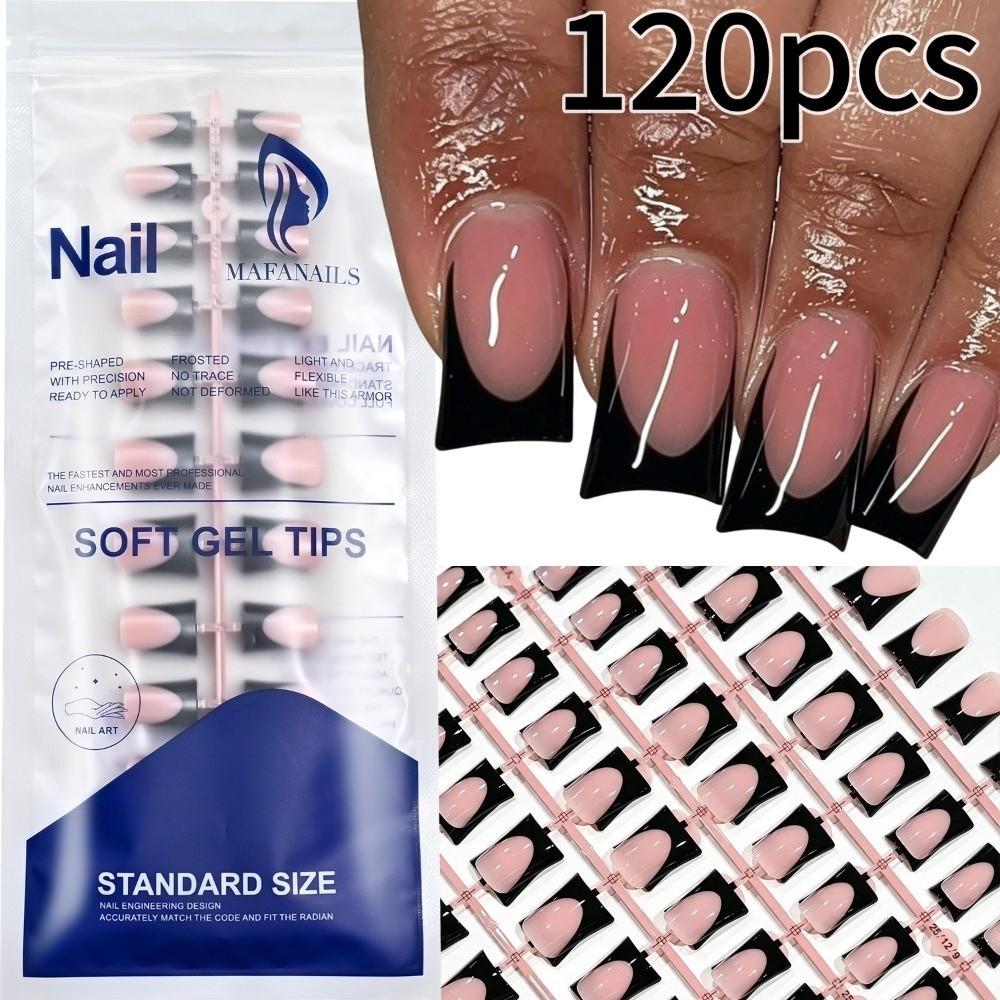 120 Pieces Short Square French False Nails Glossy Black French Tip Nails For Women