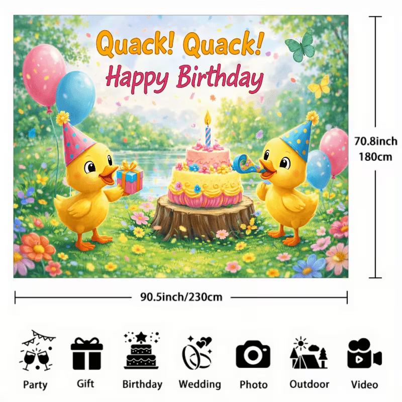 2D Cartoon Duck Cake & Gift Spring Garden Birthday Photography Background