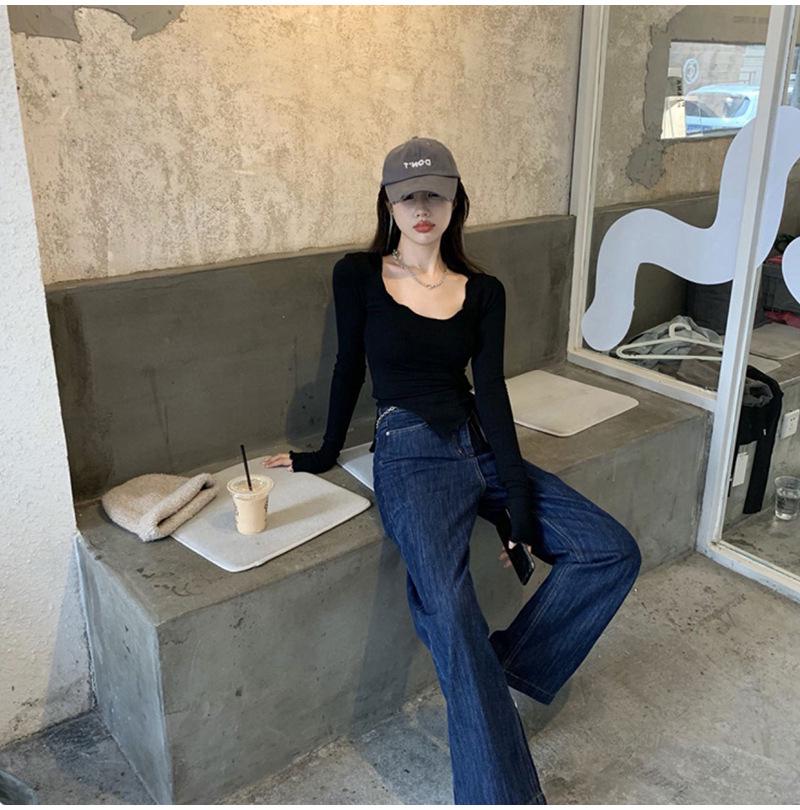 Женская серая футболка с длинным рукавом на осень - 2025 Tight Fit Short Design Top