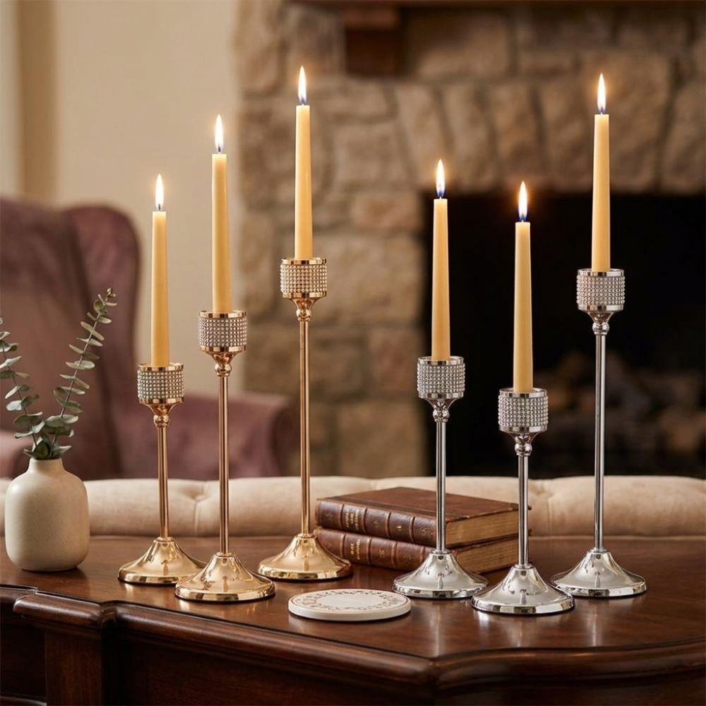 Romantic Rhinestone Candle Holder Iron Art Metal Candelabra Ornament Home Dining Table