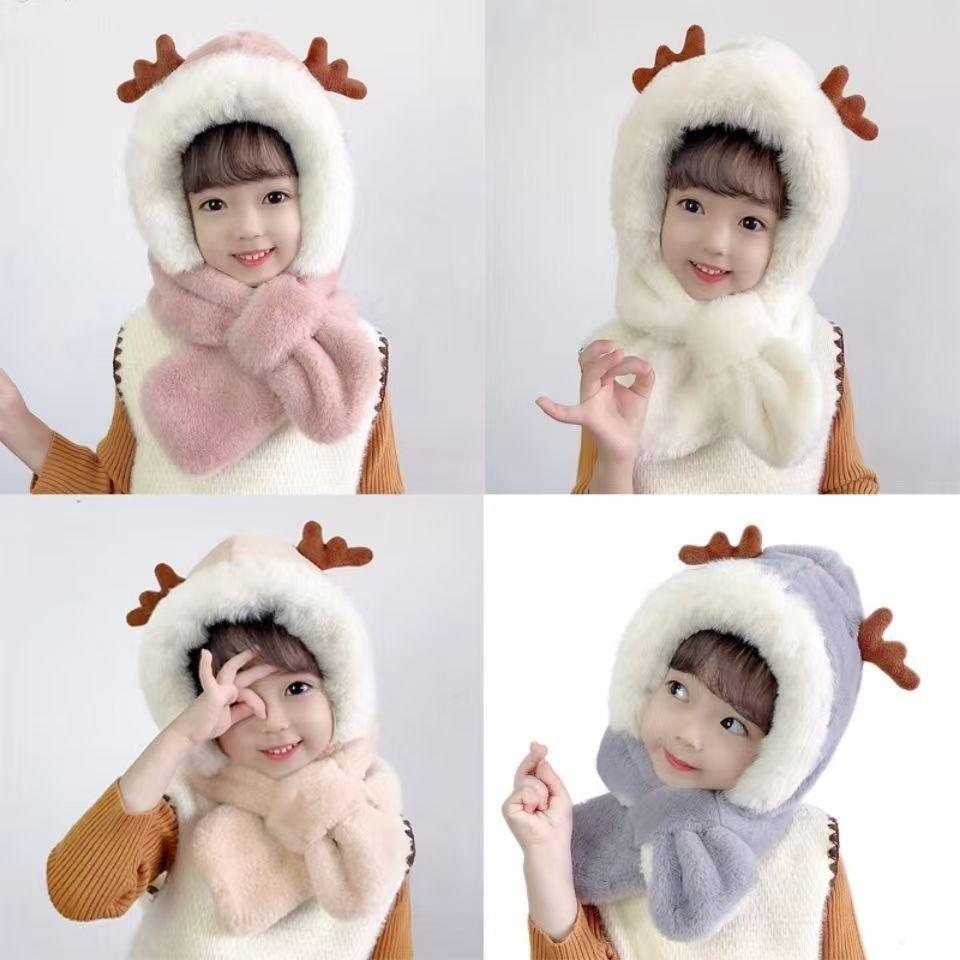 Baby hat autumn and winter children's plush hat scarf integrated male and female children's plush thickened warm windproof hat