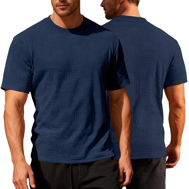 Mens Summer Sports Casual Loose Breathable Jacquard Crew Neck Short Sleeve Shirt