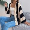 QICED Autumn and Winter Color-blocking Striped Flared Sleeve Cardigan Sweater Mid-length Coat Women's Wear