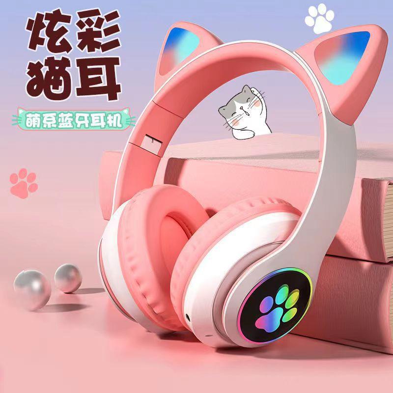 Мультяшная светящаяся гарнитура с кошачьими ушками, Bluetooth-гарнитура, беспроводная игровая гарнитура для киберспорта для девочек, новая
