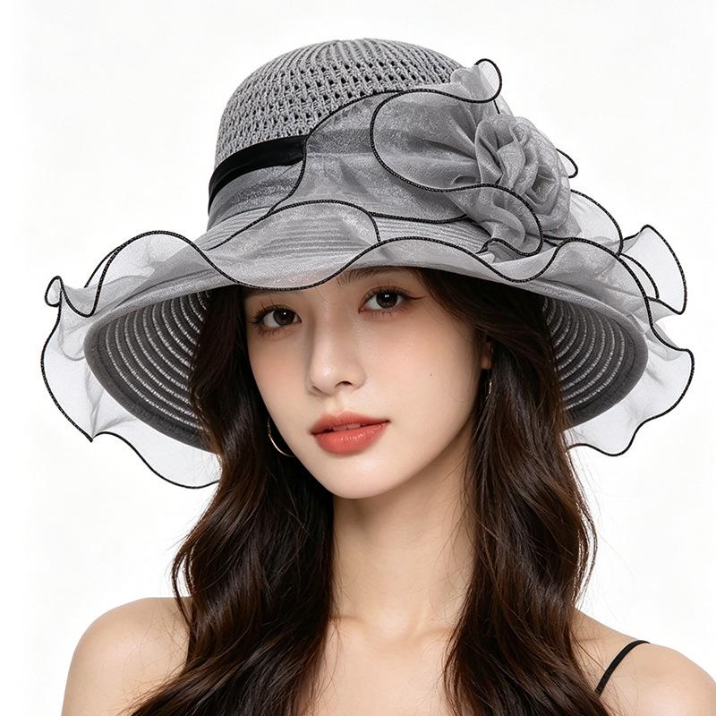 Summer women's fashion sunscreen sun hat travel breathable flower organza brim ruffle edge sun hat