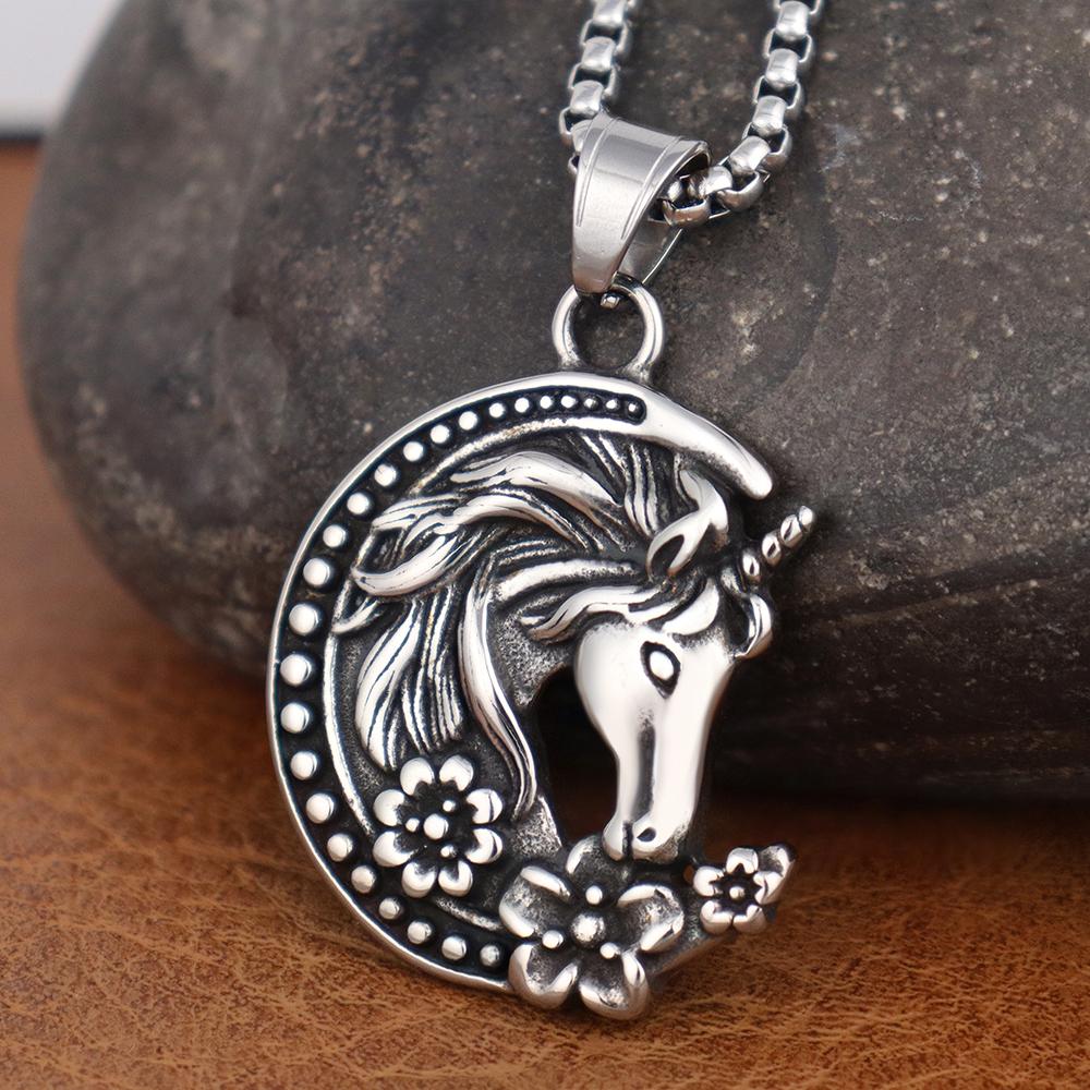 Fashion Charm Moon Unicorn Pendant Popular Stainless Steel Horse Head Necklaces For Men Women Amulet Jewelry Gifts