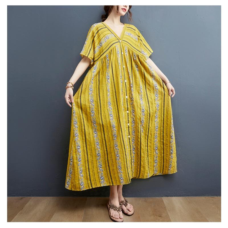 Летняя юбка длиной до колена с принтом для женщин больших размеров, литературное свободное платье с V-образным вырезом