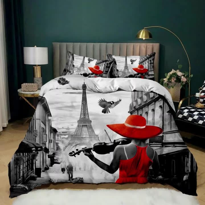 Retro Architectural Duvet Cover Woman In Red Dress Violin Eiffel Tower Double Queen King Polyester
