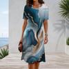 Women Plus Size Round Neck Short Sleeve A Line Bright Blue Swirl Printed Midi Dress