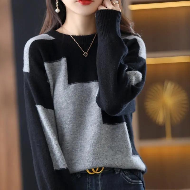 Women Patchwork Knit Warm Sweater Cashmere Long Sleeve Thermal Pullovers O-Neck Casual Loose Sweater Women Autumn Winter