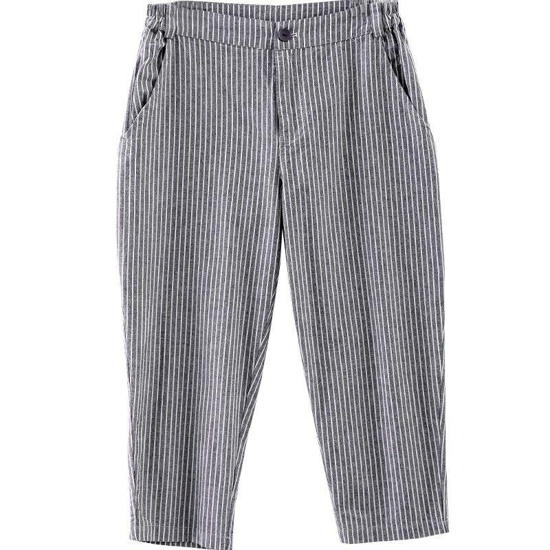 Skinny Breathable Cotton Pants Large Size Striped Harlan Cropped Pants Women's Casual Pants Summer Loose Versatile Neutral Grey Stripe Casual Trousers