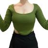 Женский укороченный топ с квадратным вырезом и длинными рукавами, облегающий трикотажный короткий топ, однотонный эластичный пуловер, блузка для клубной вечеринки