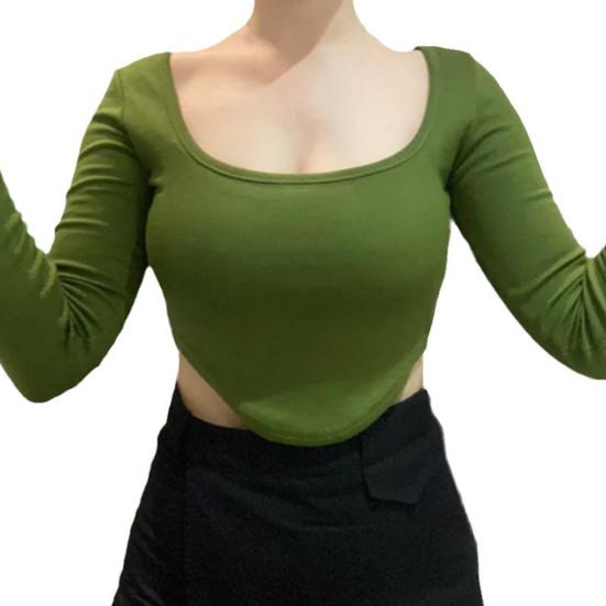 Женский укороченный топ с квадратным вырезом и длинными рукавами, облегающий трикотажный короткий топ, однотонный эластичный пуловер, блузка для клубной вечеринки