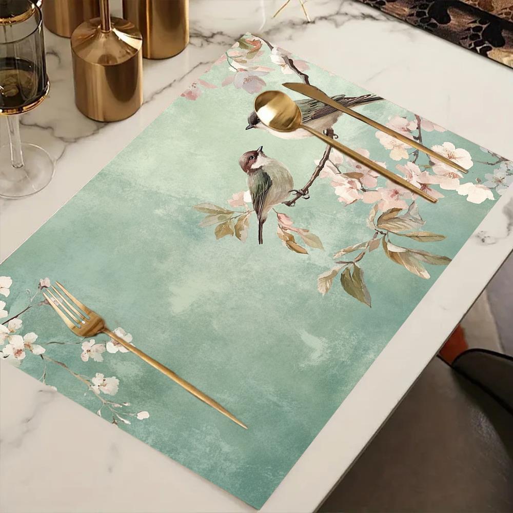 4 шт. Винтажные Цветочные Птичьи Салфетки под Тарелки - Элегантные Бирюзово-Розовые Скатерти, Прямоугольные 12x18 Дюймов, Декор для Стола на Рождество, День Благодарения, Хэллоуин