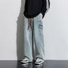 Men's American Vintage Wash Jeans Spring and Autumn New Fashion High Street Design Sense of Wide-leg Pants