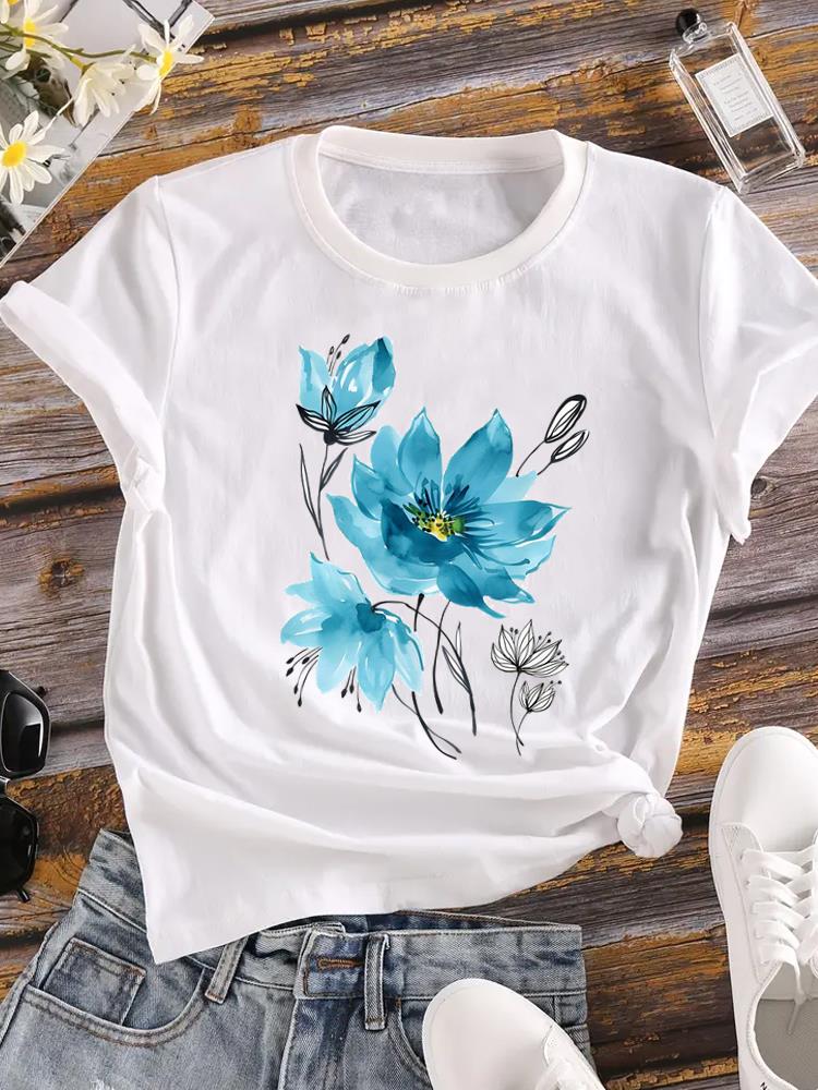 (Asian Size) Women Tees Top Lovely Flower Cute Clothing Casual Short Sleeve T Shirt Tee Fashion Print Ladies Female Graphic T-shirts