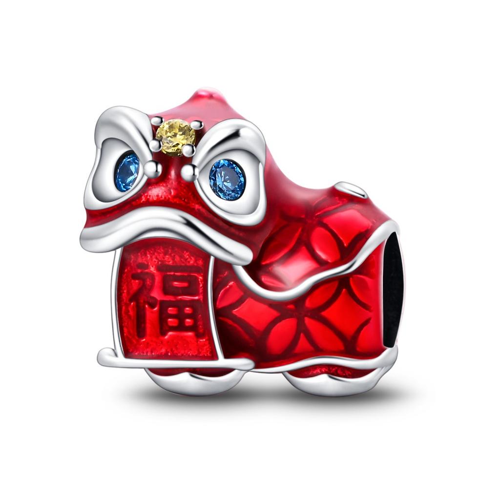 New Year'S Series Lion Dance Red Lantern Lucky Cat Charm Beads Copper Silver Plated