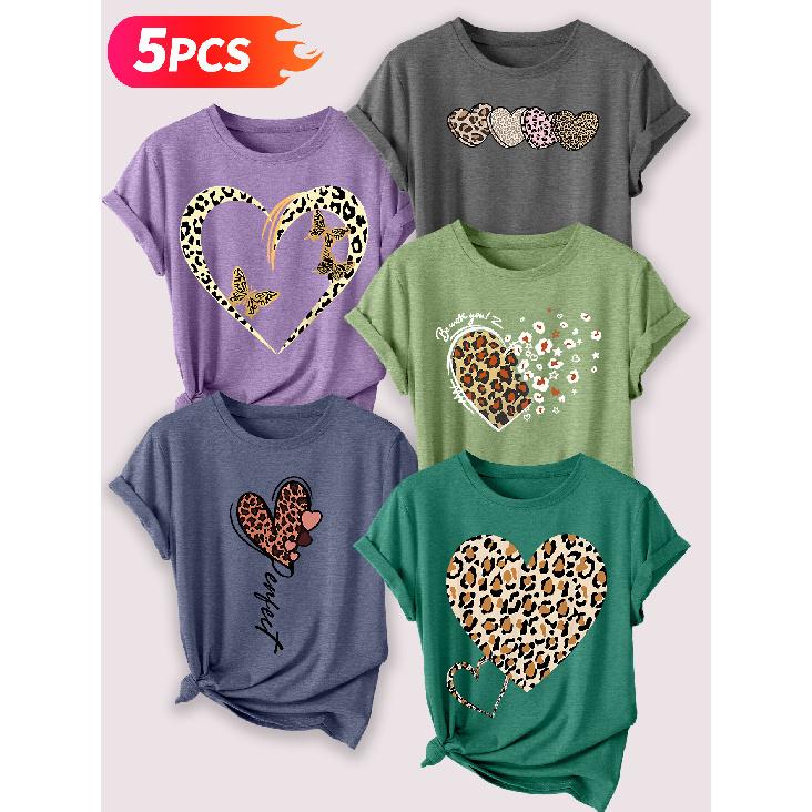 Follow a specific direction Five-piece set for women T Shirt Leopard print butterfly heart vintage print Summer Casual Elegant Women's Clothing Short