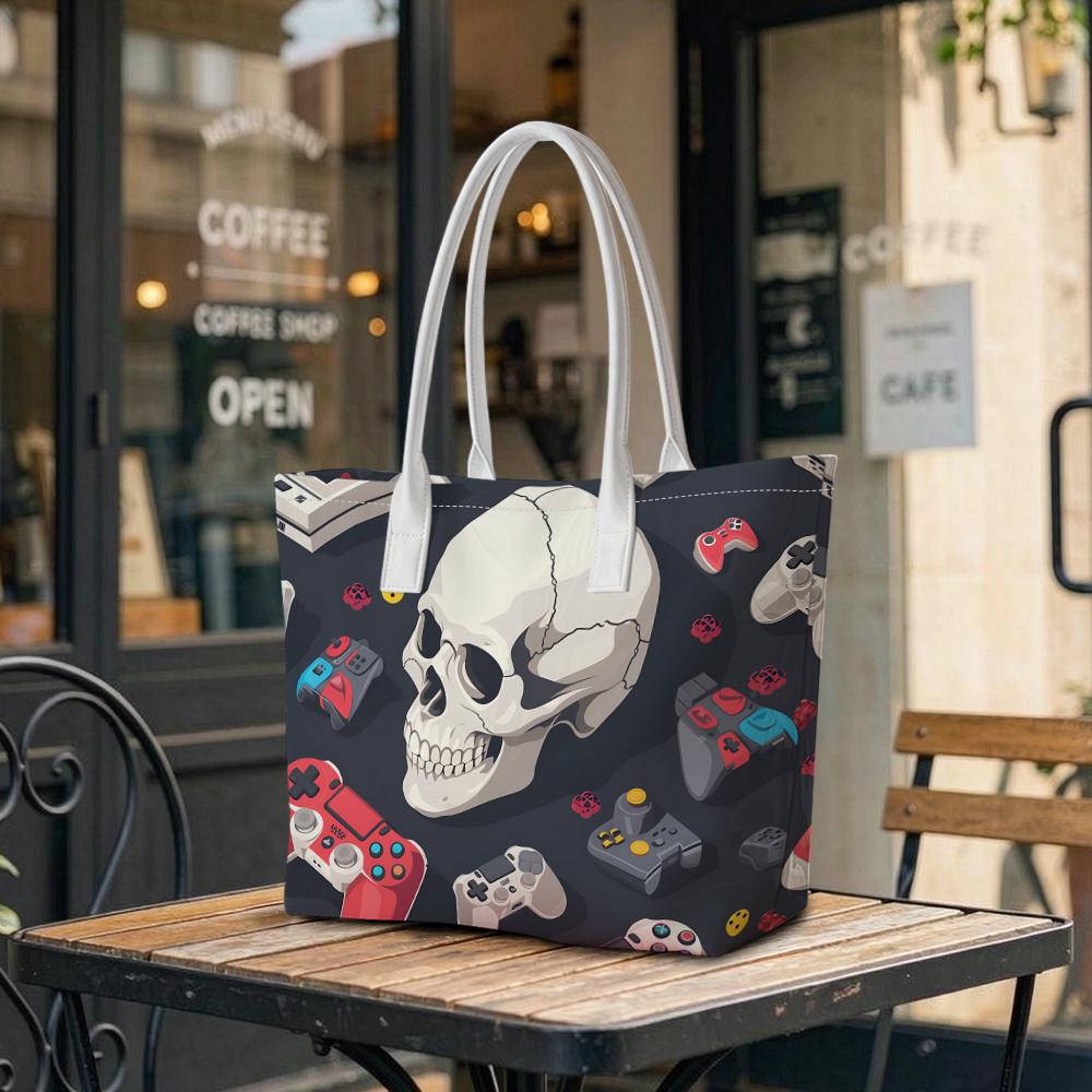 Skull Gamepad Print Tote Bag Fashion Casual Large Capacity Daily Shoulder Handbag