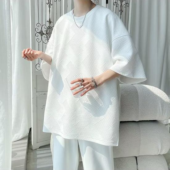 Летняя мужская футболка с круглым вырезом, свободная средней длины, сплошной цвет, вафельная текстура, плюс размер, половина рукава, уличная одежда в японском стиле, топ на открытом воздухе