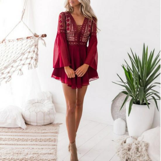 Women Mini Dress V Neck Long Flared Sleeve Crochet Hollow Out Chiffon Bandage Party Dress