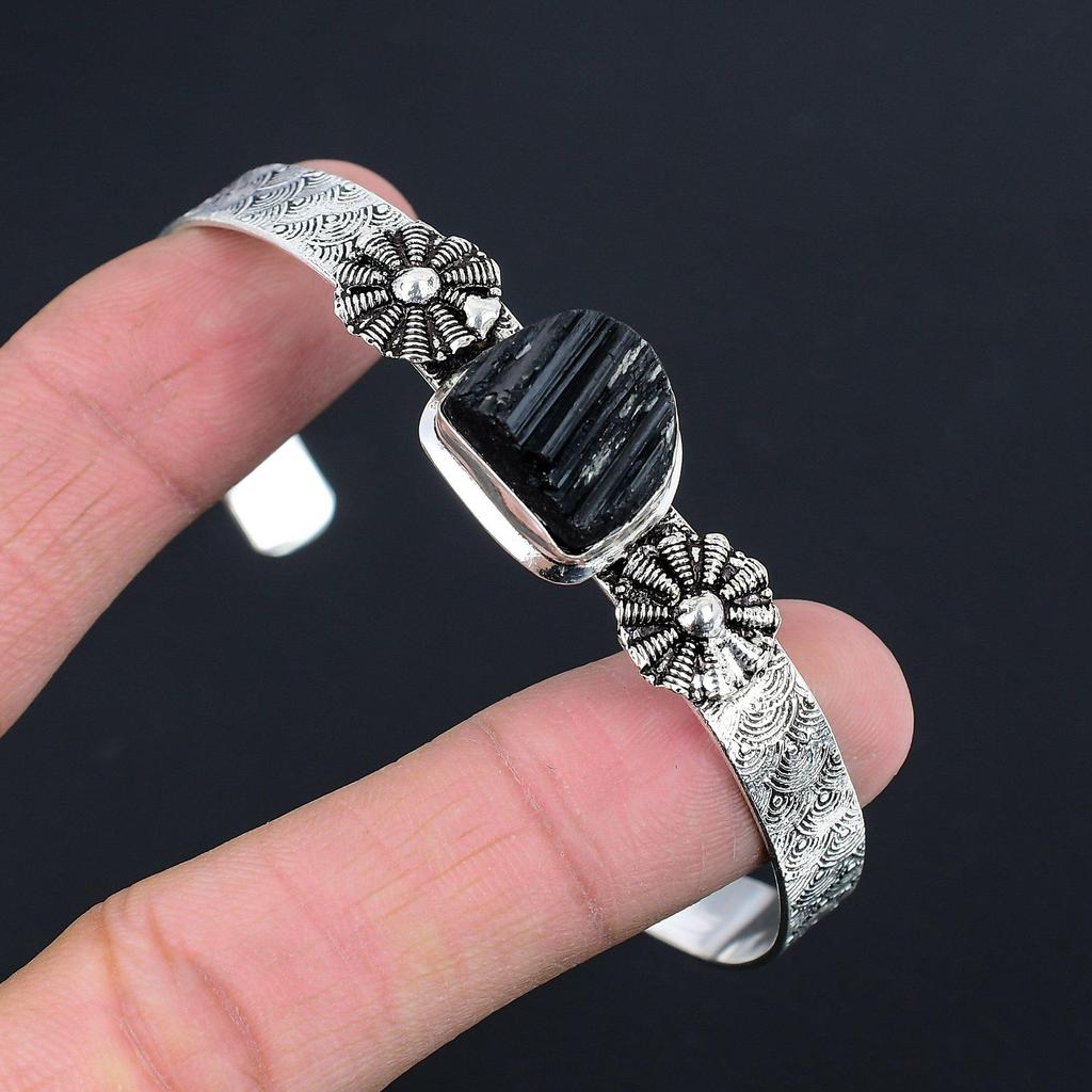 Подарок для женщин Браслет регулируемый Серебро 925 пробы Натуральный шершавый черный турмалин