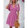 YYFS Women's Fashion Summer Spring Flower Pattern Print Short Sleeve V-Neck High Waist Casual Dresses