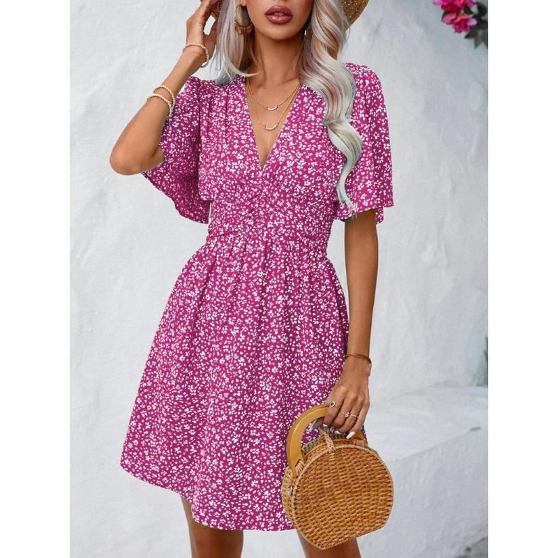 YYFS Women's Fashion Summer Spring Flower Pattern Print Short Sleeve V-Neck High Waist Casual Dresses