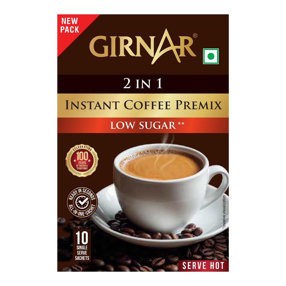 Girnar Instant Coffee 3 In 1 Low Sugar Premix Box 80g 10 Sachets Smooth Aromatic Ground Coffee
