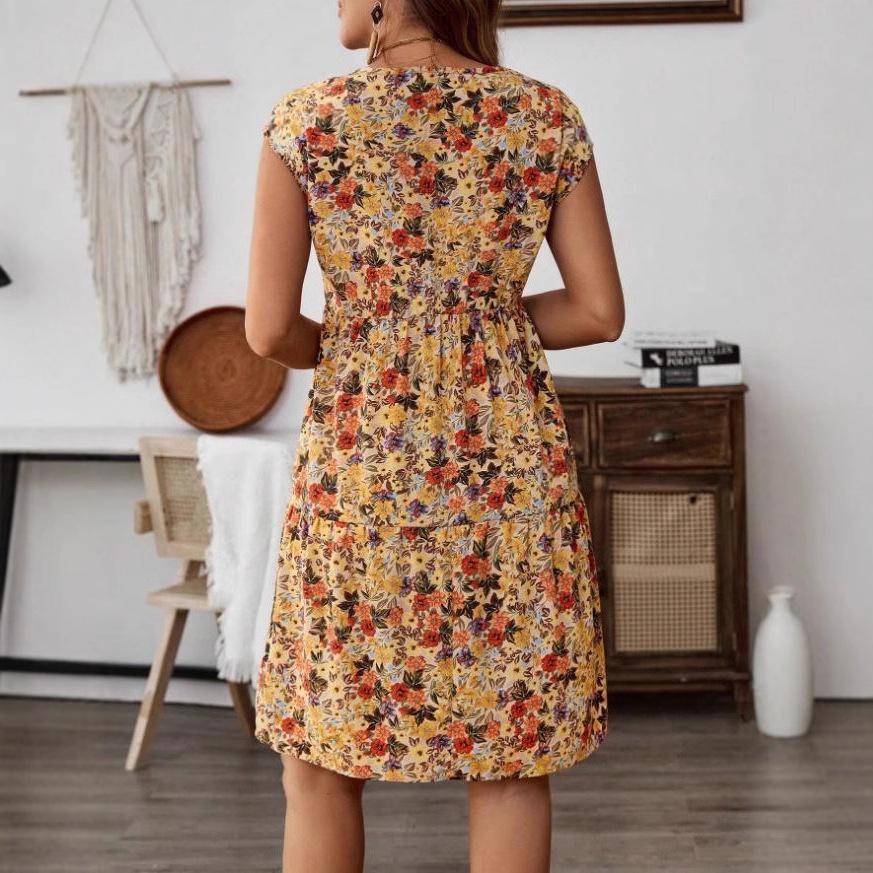 Women Summer Short Sleeve Round Collar Flower Printed One Piece Dress