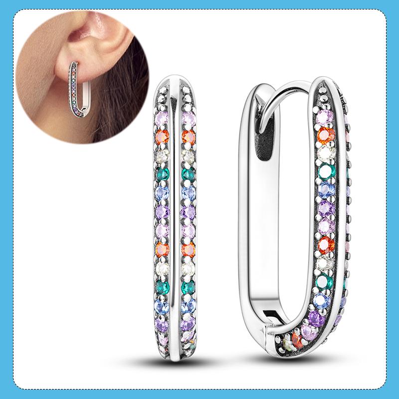 New S925 Silver Double Hoop Earrings Sparkling Pave Stud Earring Gift For Women Engagement Jewelry Anniversary