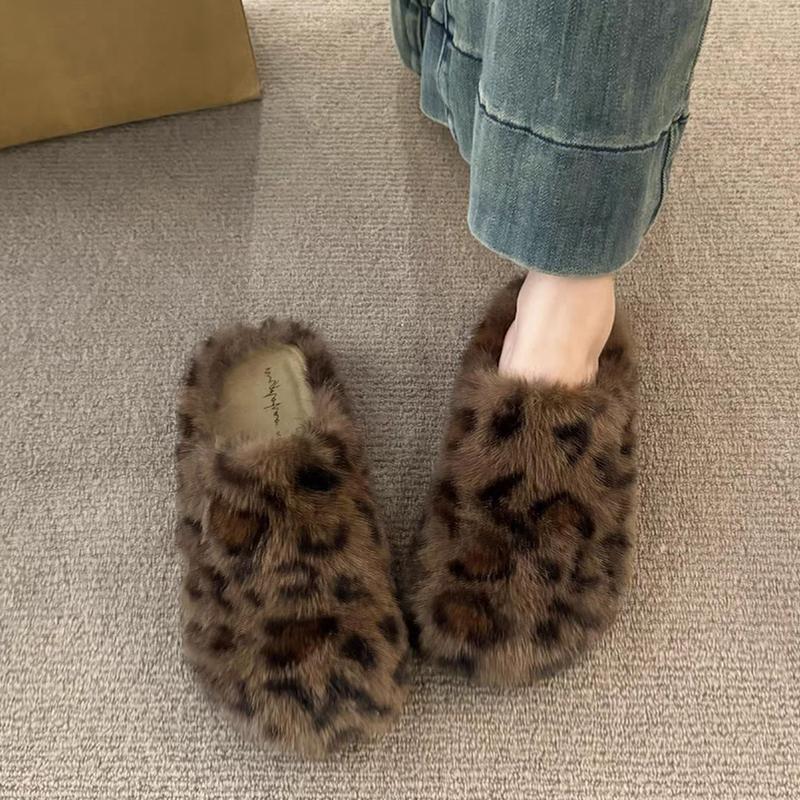 Леопардовый мех хлопковые тапочки зимние туфли на плоской подошве женские трендовые модные новые теплые повседневные удобные домашние туфли с открытой пяткой шлепанцы