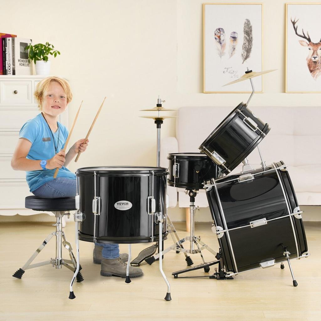 Kids Drum Set 5-Piece 16 in Beginner Children Drum Set with Throne Black