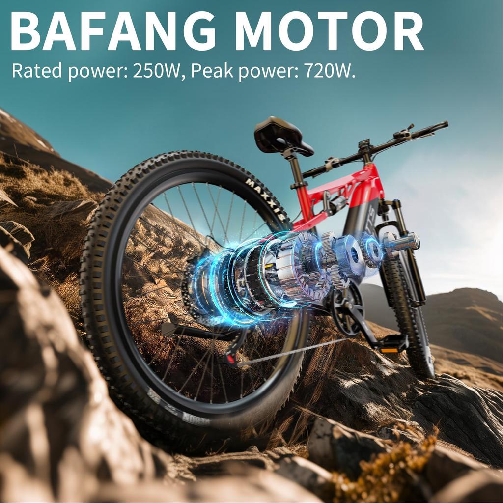 DUOTTS E29 electric bicycle, Bafang 250W motor, 48V 13.5Ah battery, full suspension, 27.5-inch tires, hydraulic brakes, range of 45-90 kilometers.