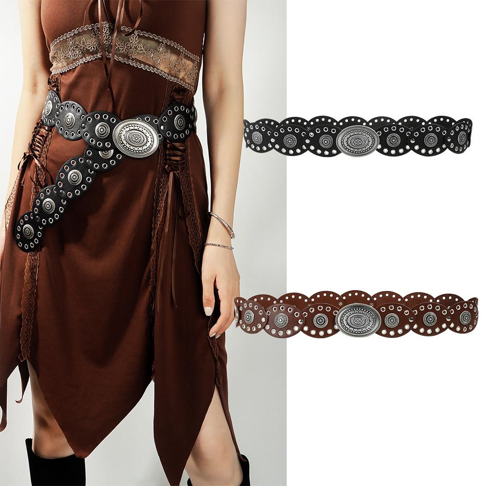 Steampunk Wide Waist Belt Gold Studded Vintage Western Belt Pu Leather Waistband Cowboy Large Round Buckle Belt For Themed Party