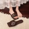 Korean version of square head one-word drag rose red square buckle thin belt buckle square heel temperament low heel cool slippers women's summer out