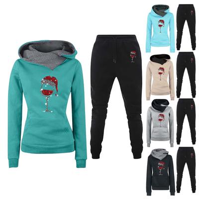 Женская мода толстовка с капюшоном и длинными рукавами с рождественским принтом для бега, комплект из двух предметов